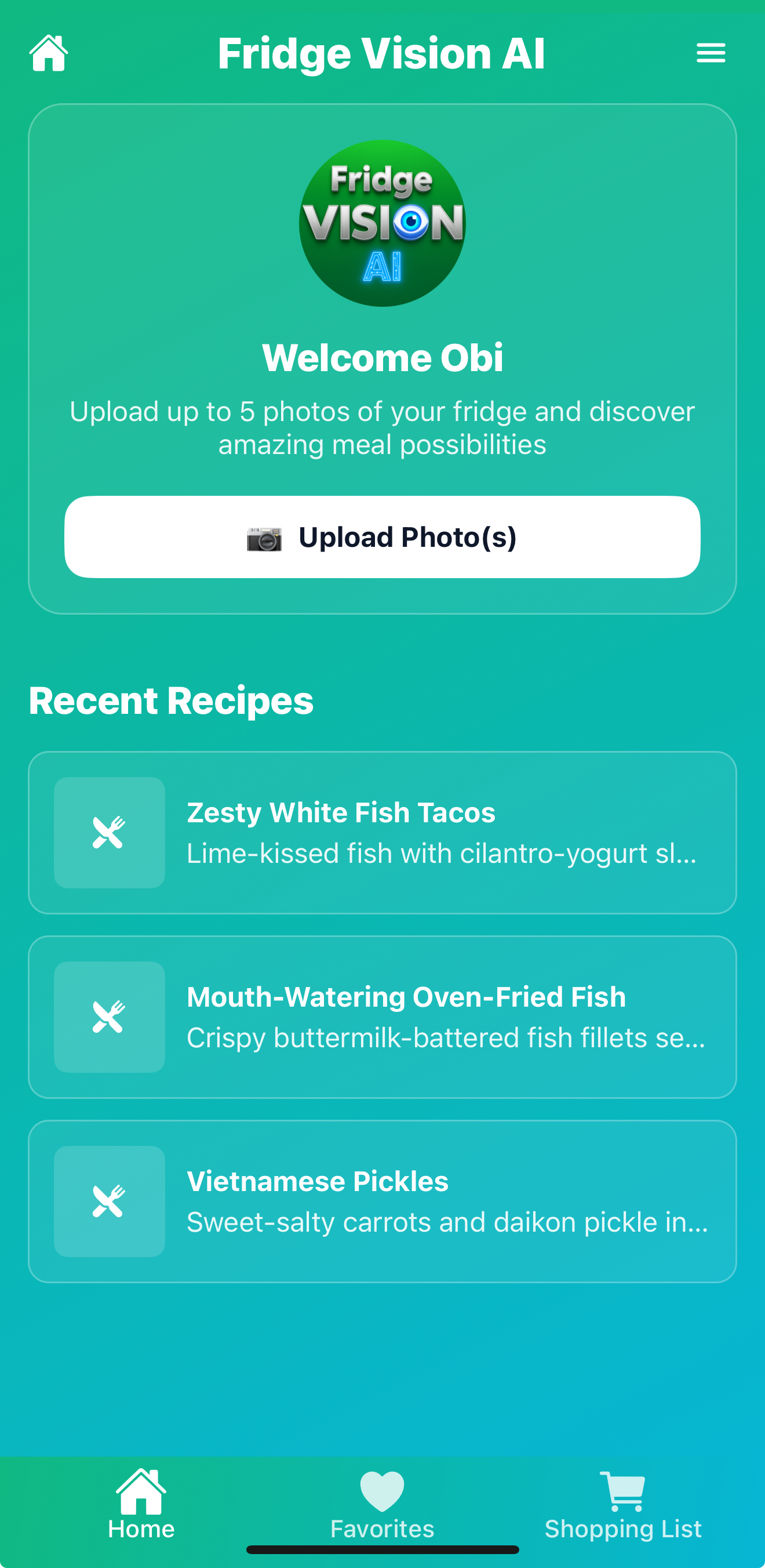 Welcome screen with fridge photo upload interface