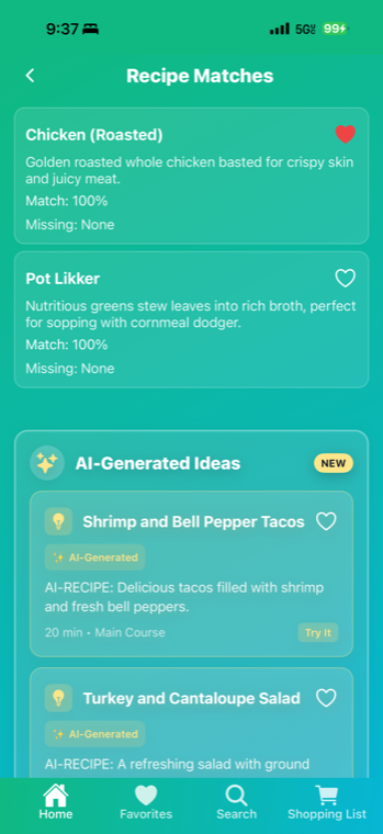 Fridge Vision recipe matches screen
